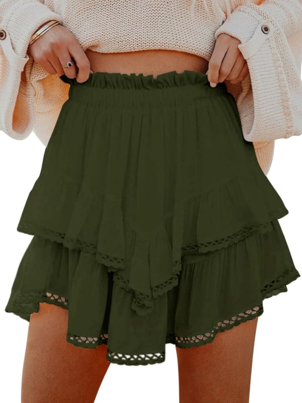 Women's Oliver Green Ruffle Tiered Skort High Waist Mini Skirt Golf Tennis Short